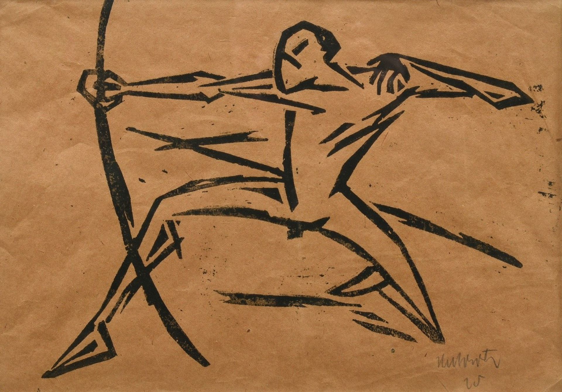Unbekannter Künstler des frühen 20.Jh. (Hubertz?) "Bogenschütze" 1920 oder 1925, wohl Linolschnitt,