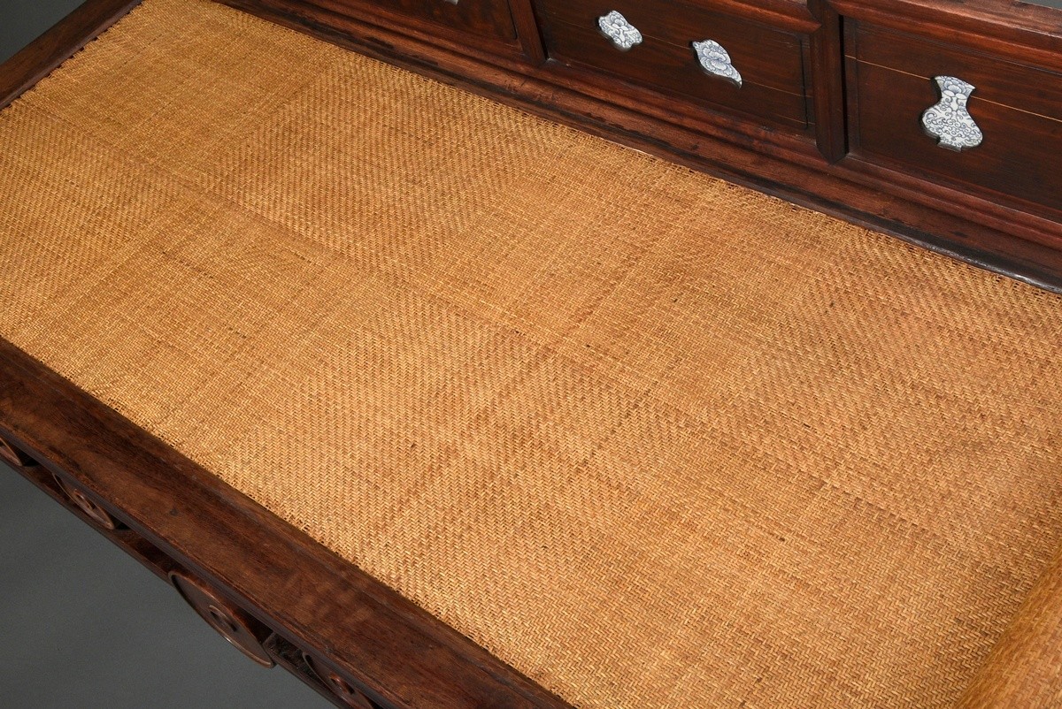 Chinese opium bed with circular segments in the frame on rolled legs with woven lying surface and b - Image 5 of 6