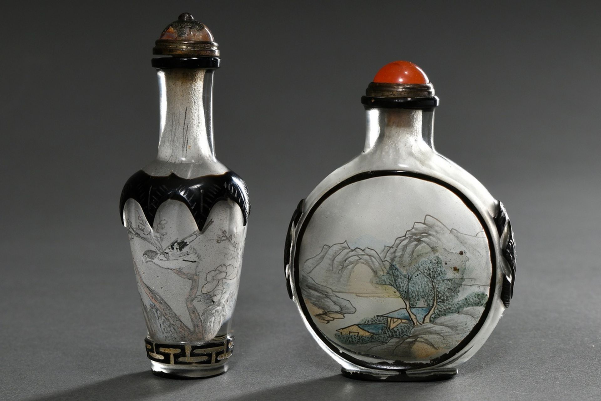 2 Various glass snuffbottles with fine Neihua painting "Landscape, dragon and flowers with birds" a - Image 2 of 7