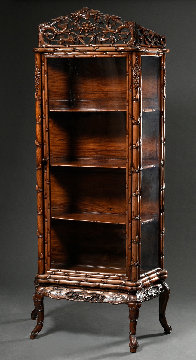Chinese display case with carved "faux bamboo and grapes" body, openwork crown, Hongmu rosewood, 3 