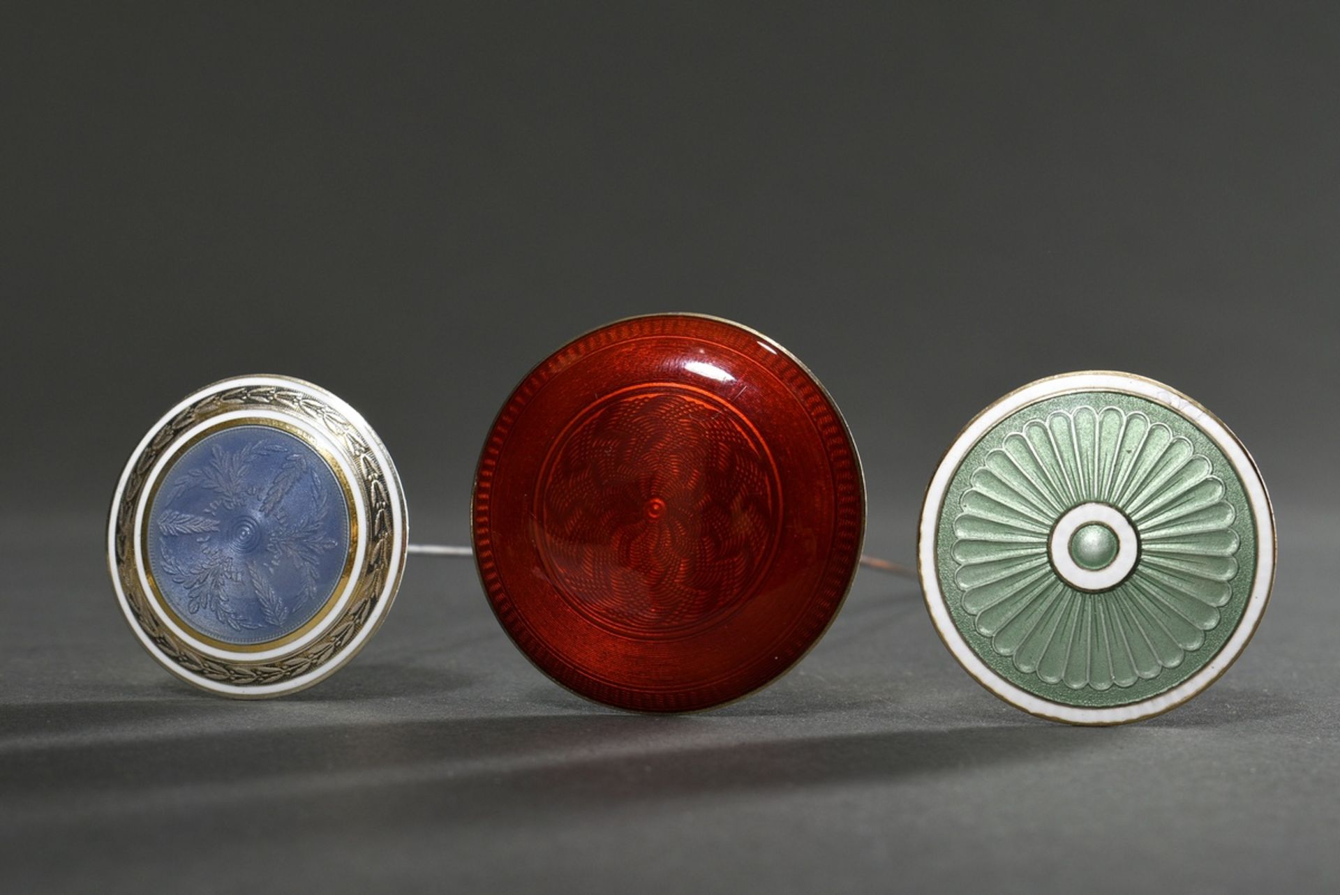 3 Various hat pins with coloured guilloché enamel heads, around 1900, 1x MM: David Andersen/Norway, - Image 2 of 4