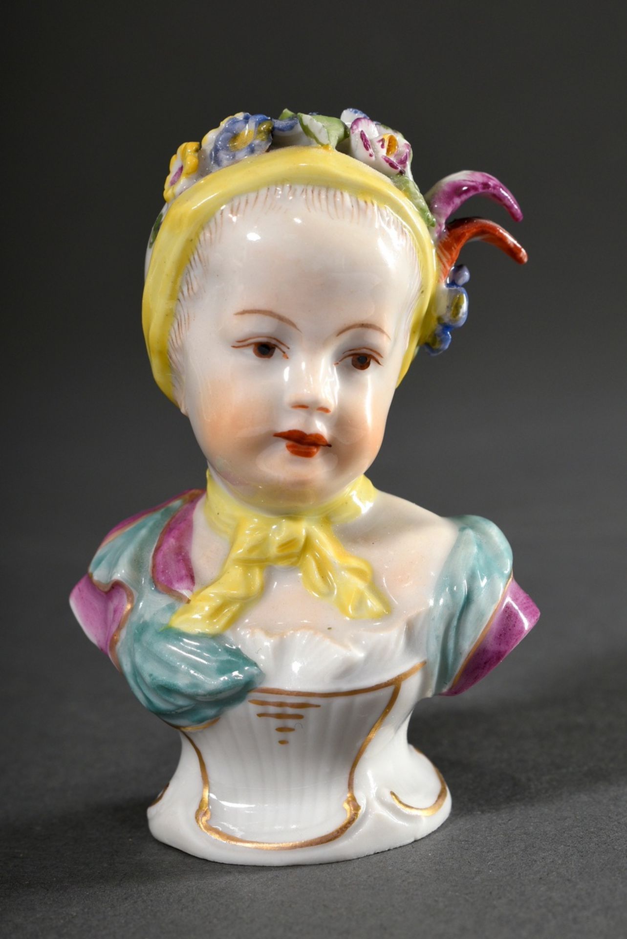 Vienna porcelain child's bust "Princess", polychrome painted, 19th century, underglaze blue bind sh