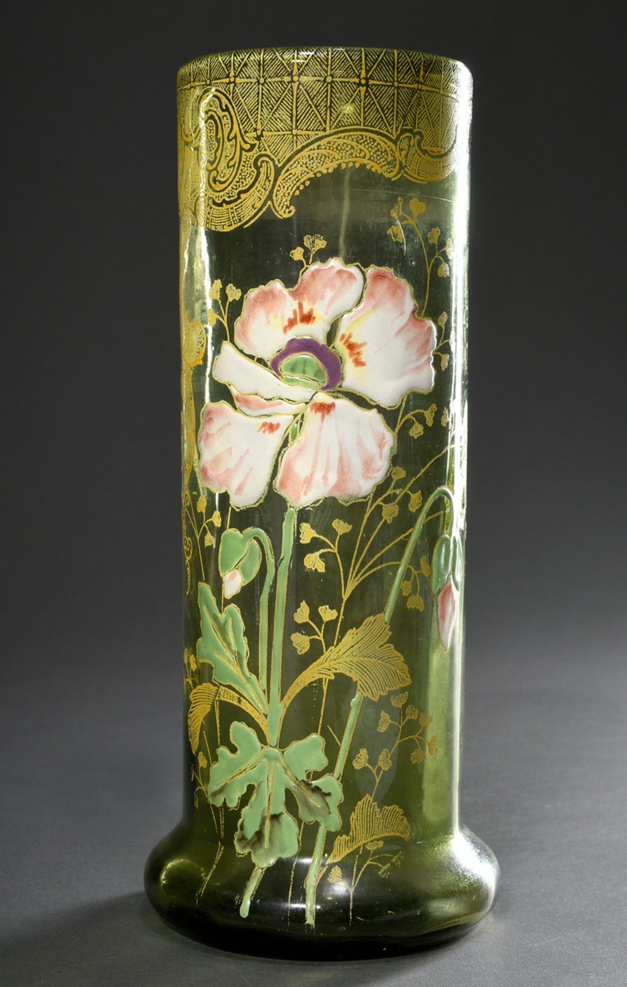 Jugendstil Vase mit floralem Dekor "Mohnblüte" in polychromer Emaillemalerei über gedrucktem Goldde