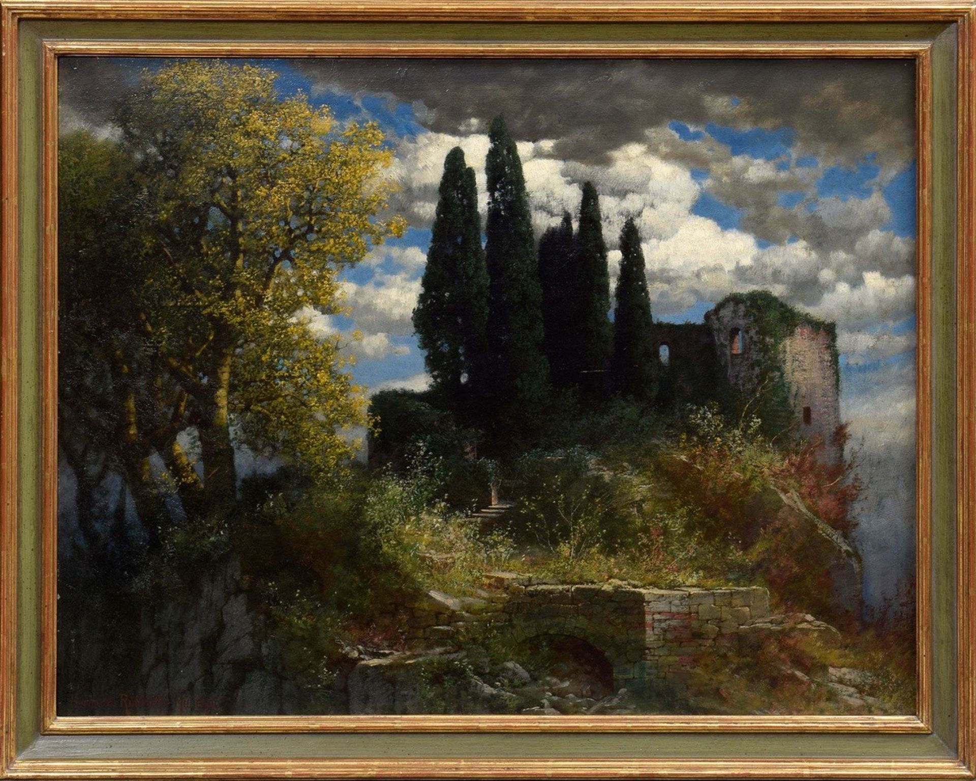 Rüdisühli, Hermann Traugott (1864-1944) "Cypresses in front of castle ruins", oil/plate, sign. b.l. - Image 2 of 4
