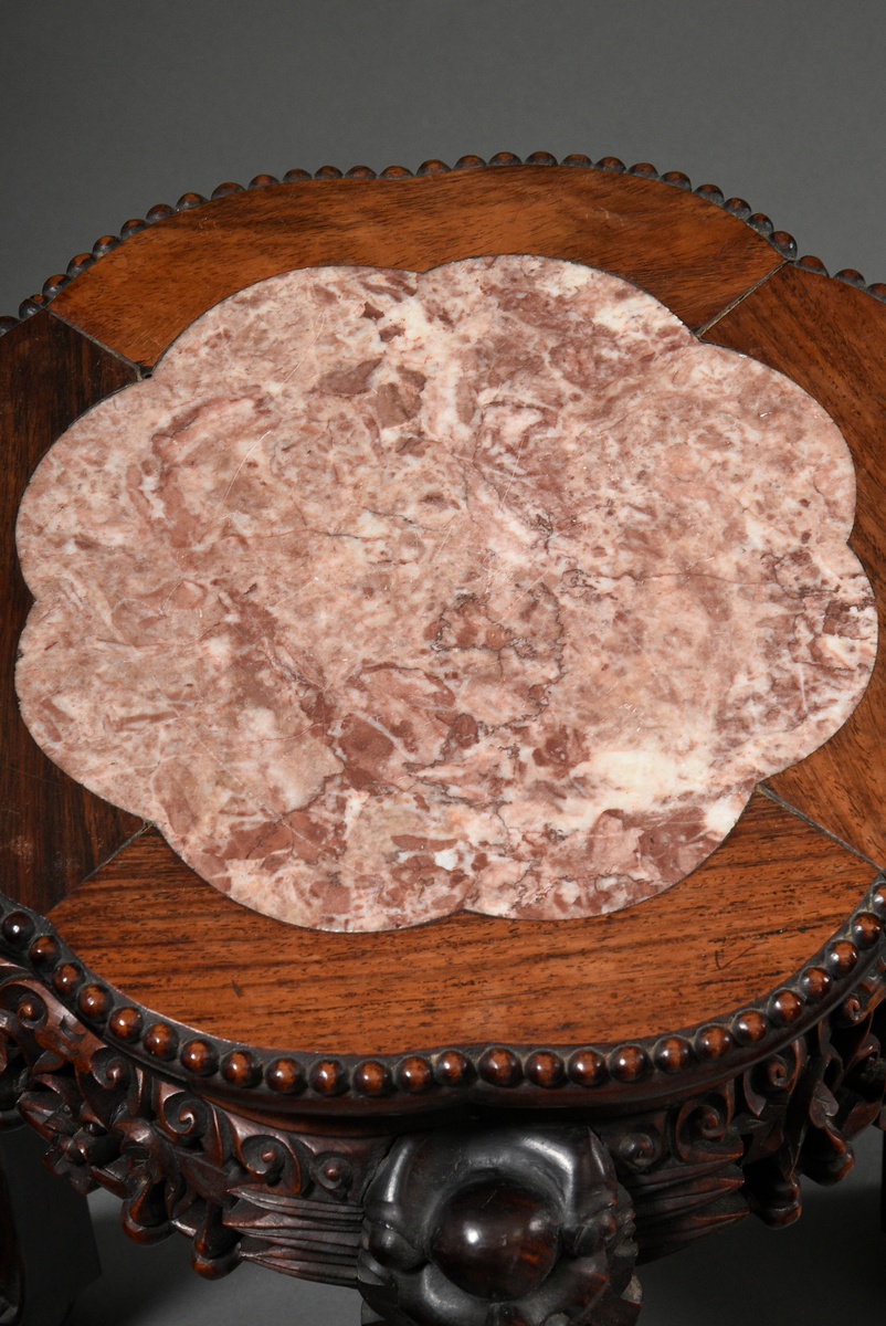 2 Various round redwood stools with richly carved frames and reddish marble tops, late 19th c., h.  - Image 7 of 9