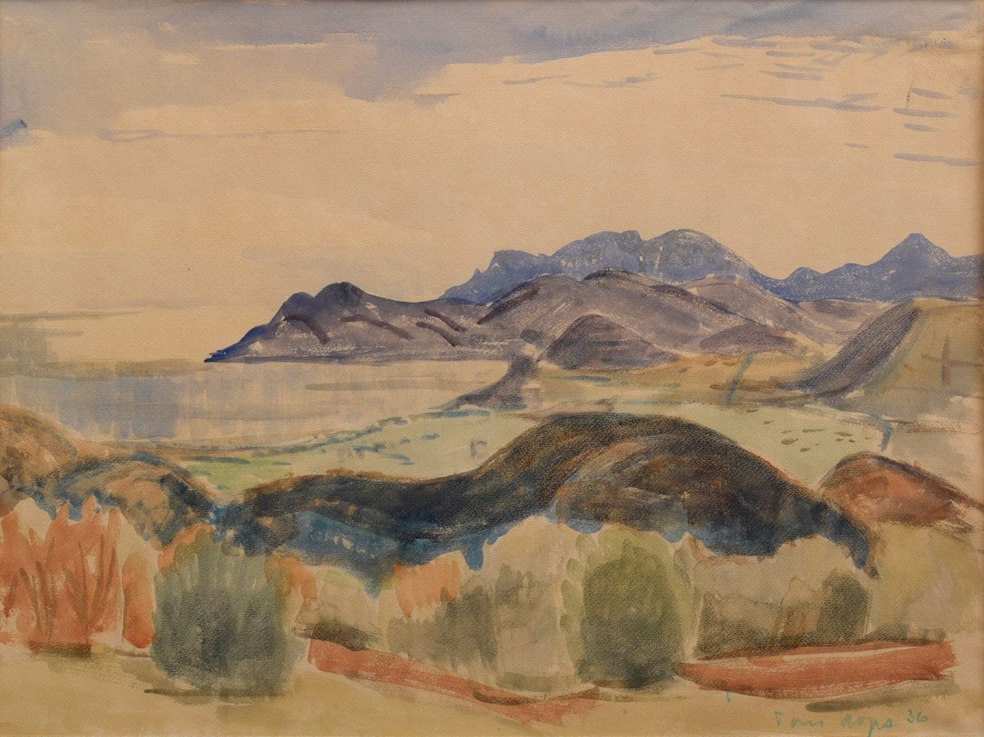 Hops, Tom (1906-1976) "Seenlandschaft" 1936, Aquarell, u.r. sign./dat., 46,5x61,5cm (m.R. 74x87cm),