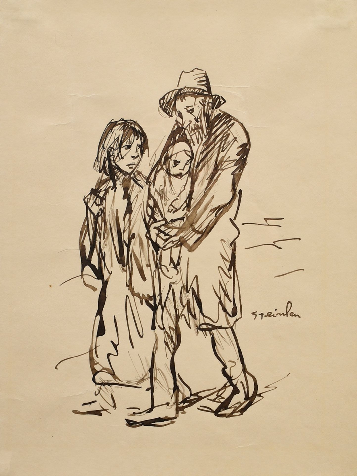 Steinlen, Théophile Alexandre (1859-1923) "Vater mit zwei Kindern", Feder, u.r. sign., im Passepart