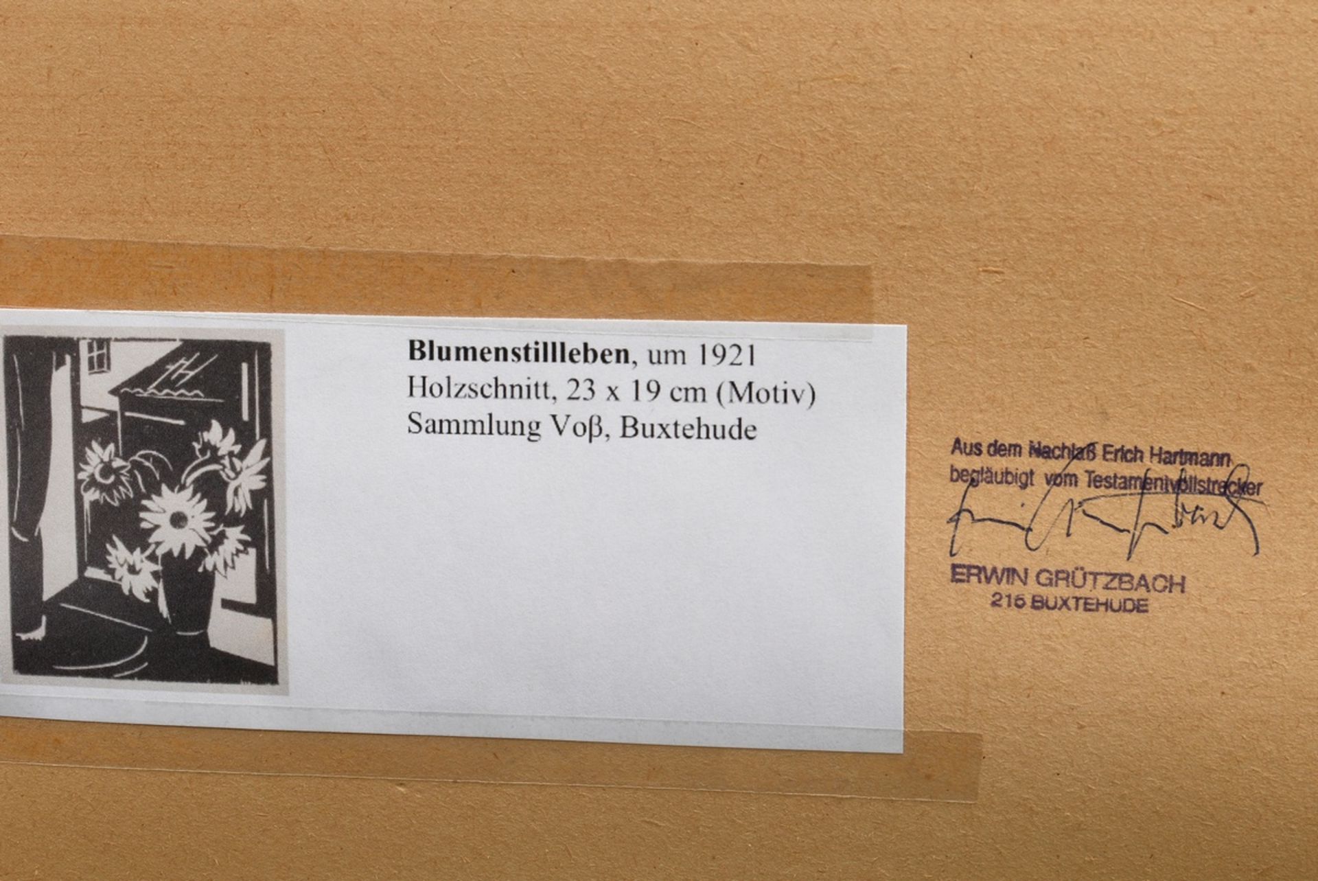 Hartmann, Erich (1886-1974) "Blumenstillleben" um 1921, Holzschnitt, verso Nachlassangabe, -signatu - Bild 4 aus 4