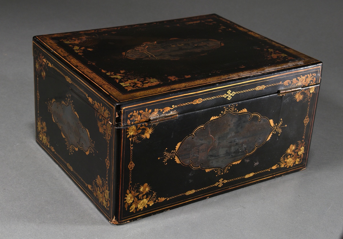 Large Cantonese lacquer tea chest "Landscape Scenes in Reserves", inside 2 pewter containers with c - Image 2 of 6