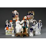 7 Diverse Staffordshire Keramik Figuren mit polychromer Bemalung, England 19.Jh.: Uhrenhalter, Vase