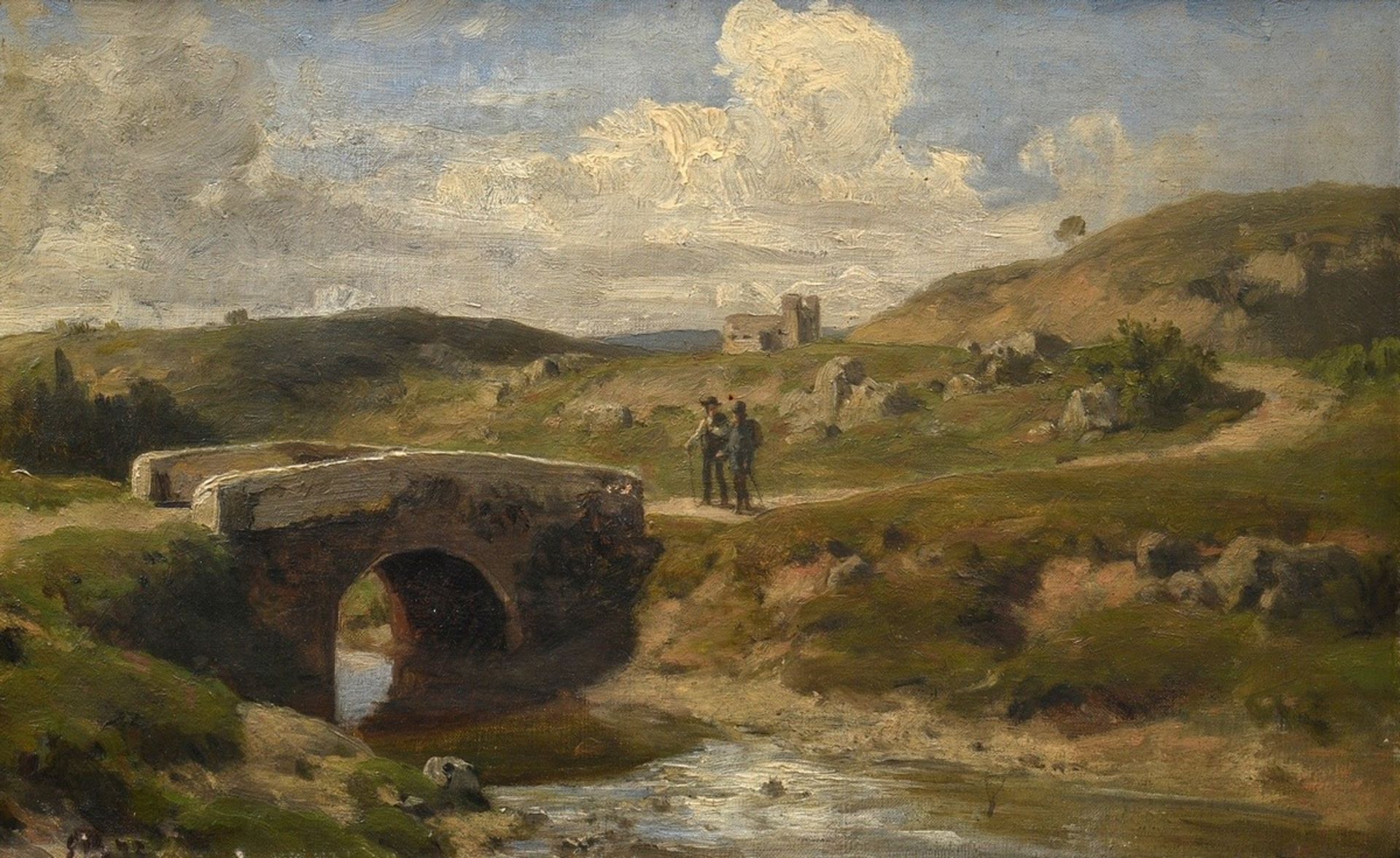 Unbekannter Künstler des 19.Jh. „Zwei Wanderer in hügeliger Landschaft“ 1873, Öl/Leinwand, u.l. mon