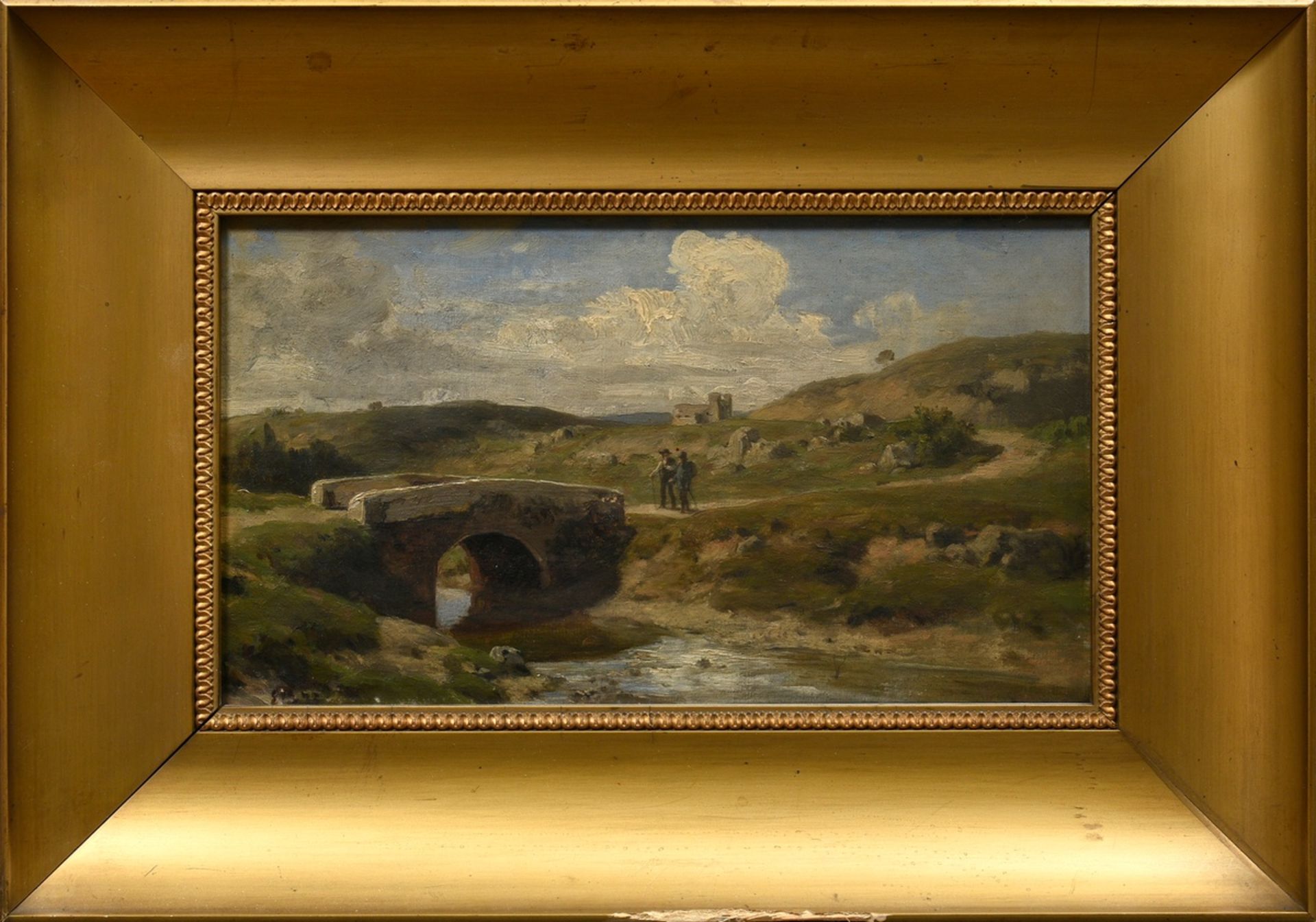 Unbekannter Künstler des 19.Jh. „Zwei Wanderer in hügeliger Landschaft“ 1873, Öl/Leinwand, u.l. mon - Bild 2 aus 5