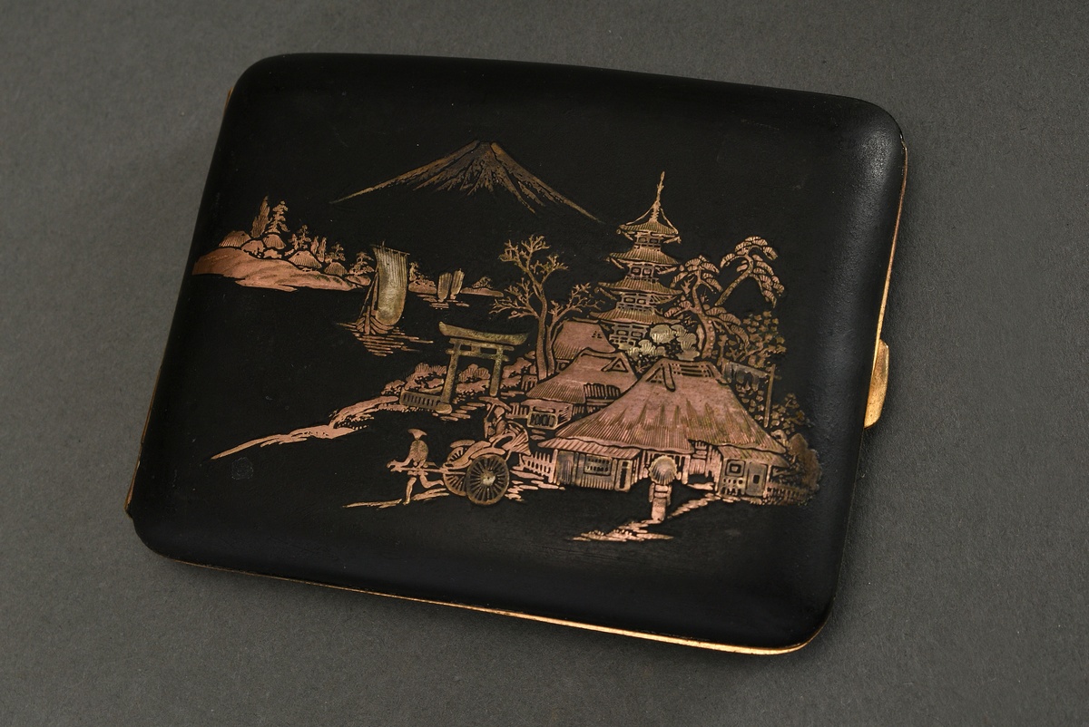 2 Various Komai style cigarette cases "Landscape with Fuji", blackened iron inlaid with silver and  - Image 5 of 7