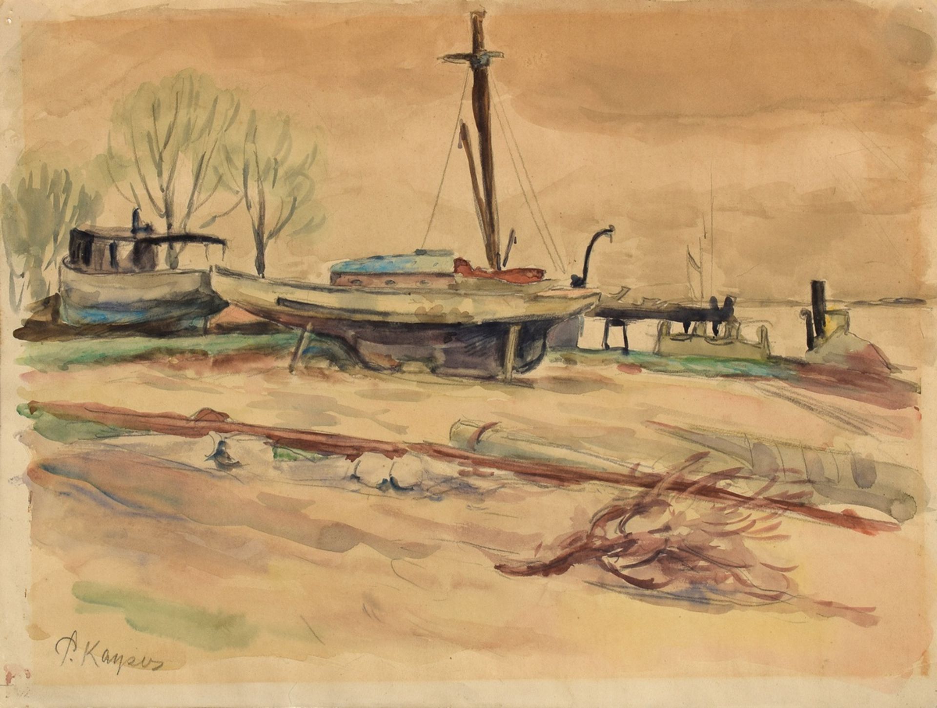 Kayser, Jean Paul (1869-1942) "Boat mooring", pencil/watercolor, b.l. sign., 29x39cm, slightly yell