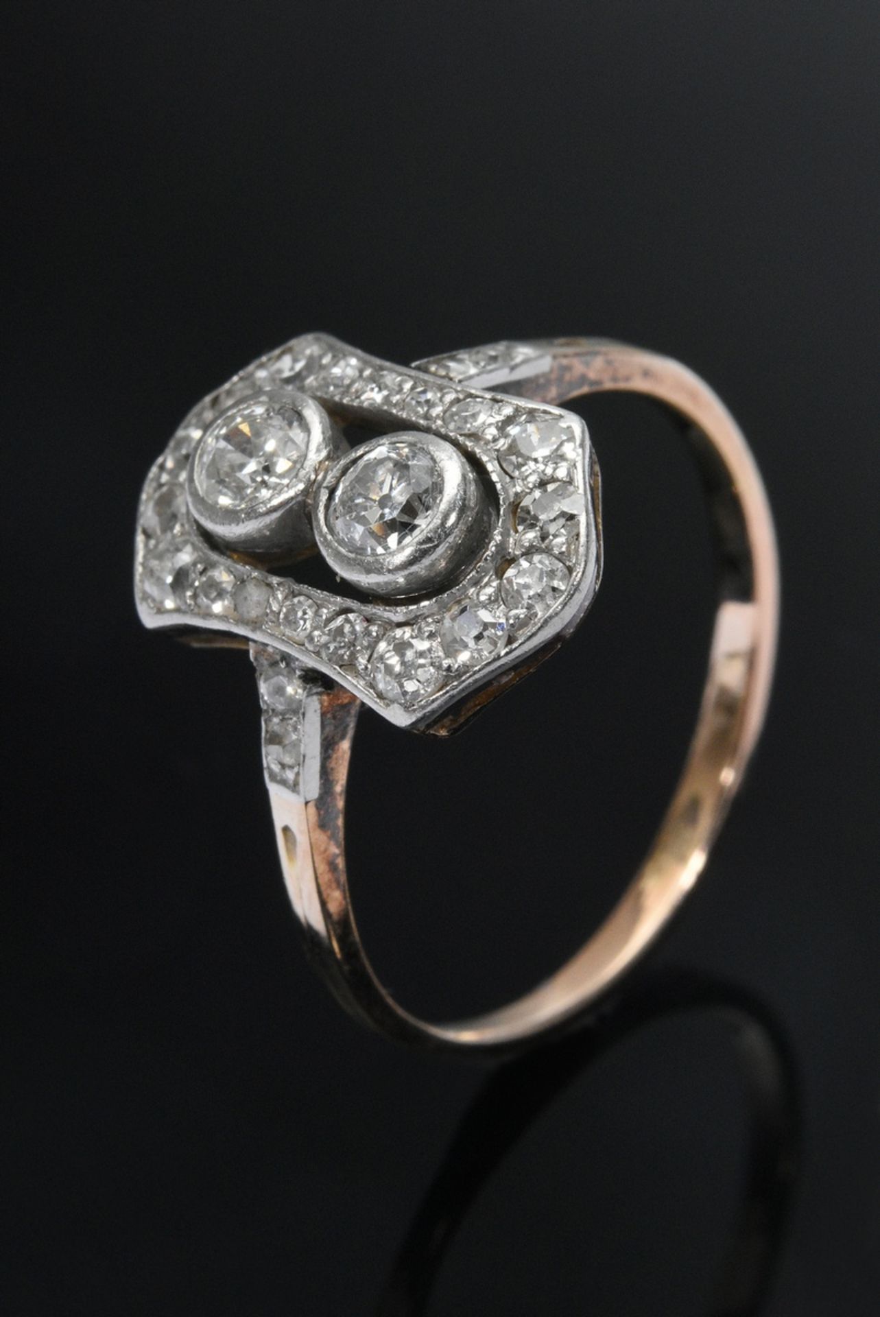 Art Deco Gelbgold 585 Ring mit platingefassten Diamanten (zus. ca. 0.40ct/SI-P/W-C), 2,1g, Gr. 52
