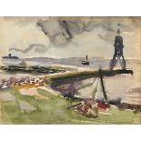 Hartmann, Erich (1886-1974) "Kugelbake Cuxhaven" und verso "Person an Geländer", Bleistift/Aquarell
