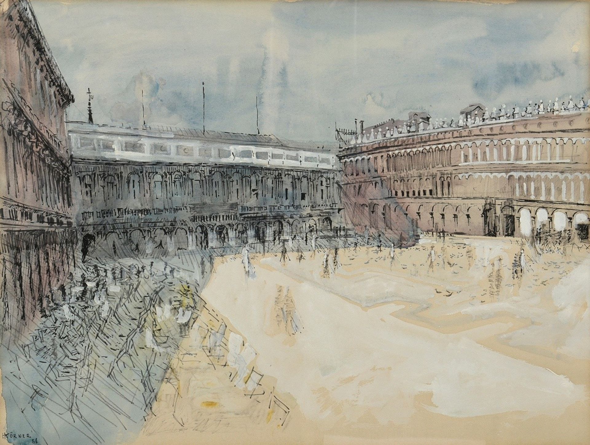 Körner, H. "Piazza San Marco" 1958, ink/watercolour/gouache, lower l. sign./dat., 45,5x59,5cm (w.f.