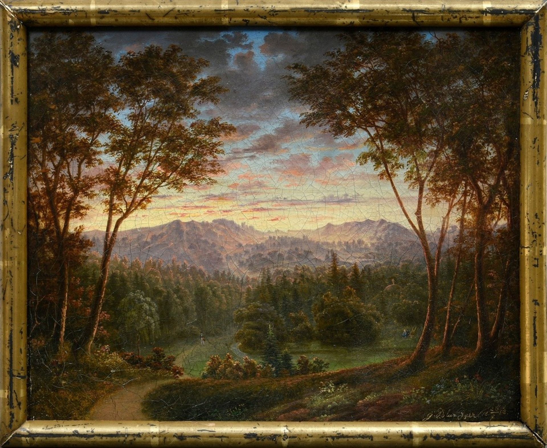 Unbekannter Künstler des 19.Jh. (J. Blunzner?) "Romantische Gebirgslandschaft im Sonnenuntergang" 1 - Bild 2 aus 5