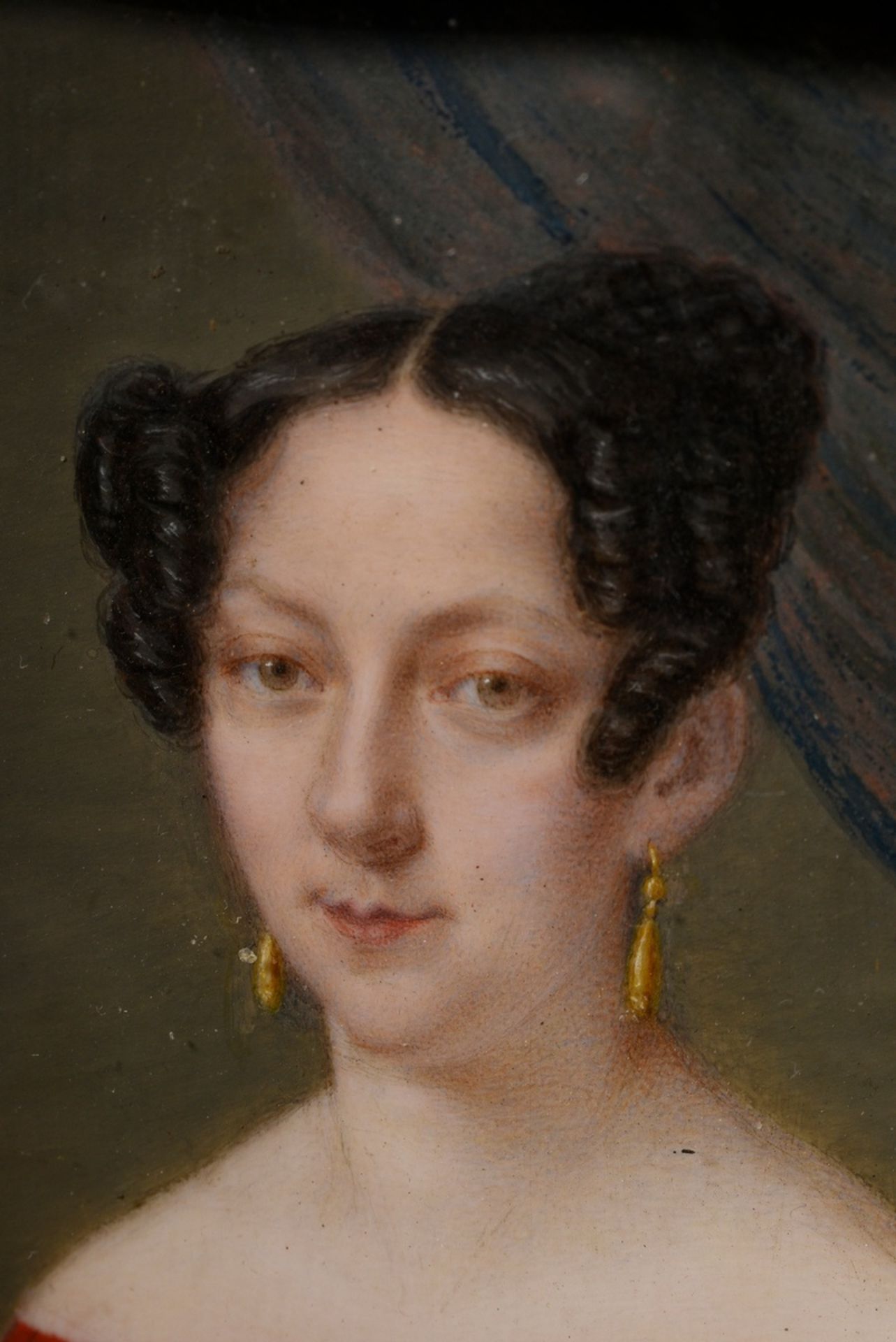 Fine Biedermeier miniature "Lady in a red dress", gouache/paper, on verso collection label "G. Ad.  - Image 2 of 3