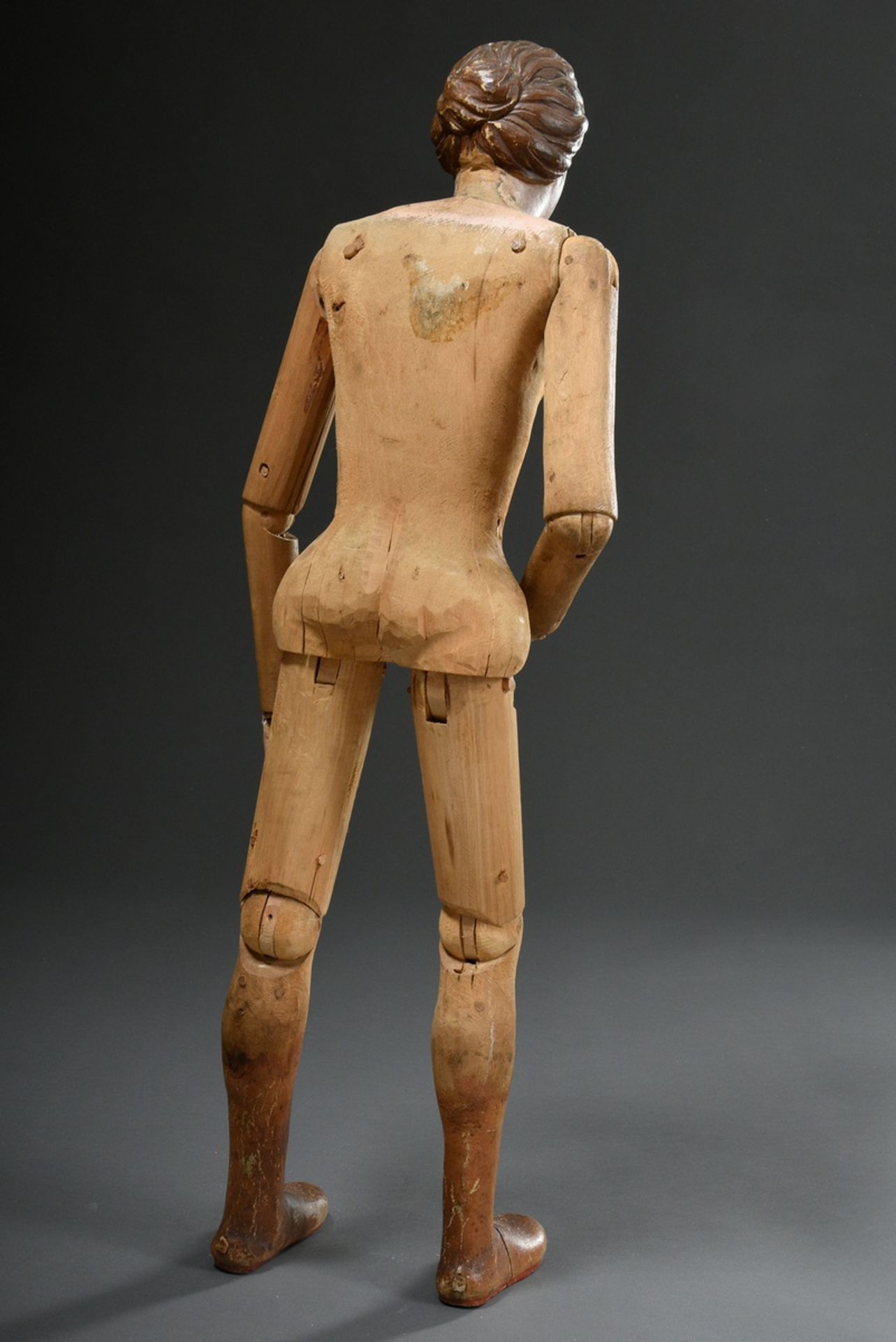 Large processional figure in original clothing with carved wooden body and movable limbs, hands and - Image 7 of 14
