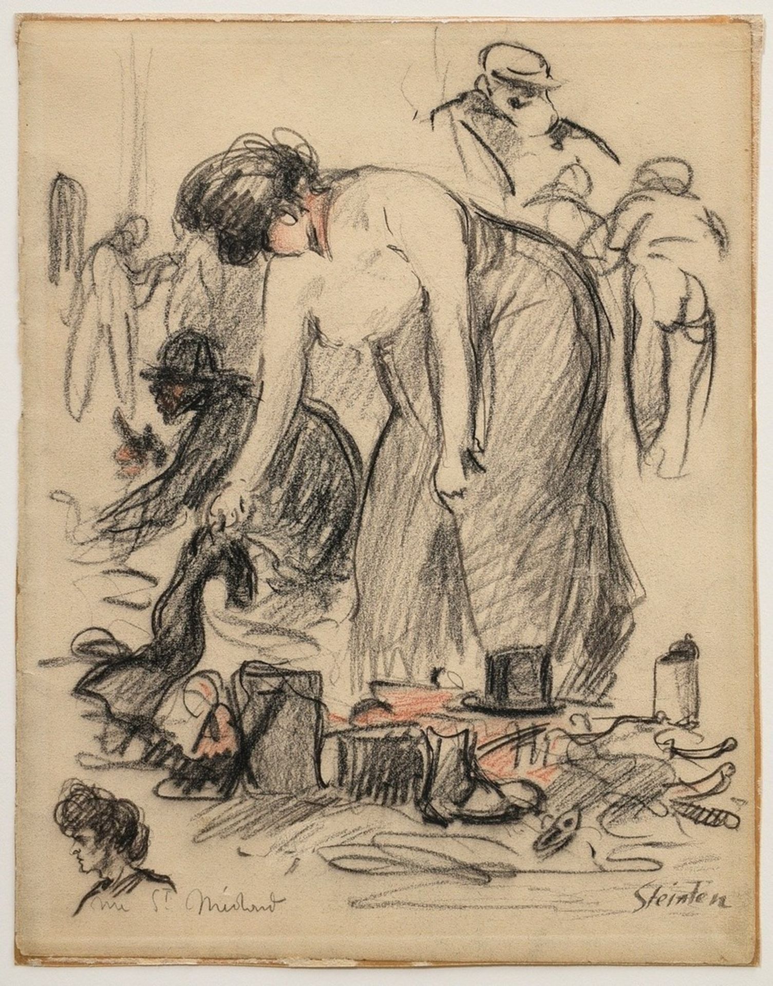 Steinlen, Théophile Alexandre (1859-1923) "Rue St. Médard", charcoal/colour chalk, sign./inscr. on 