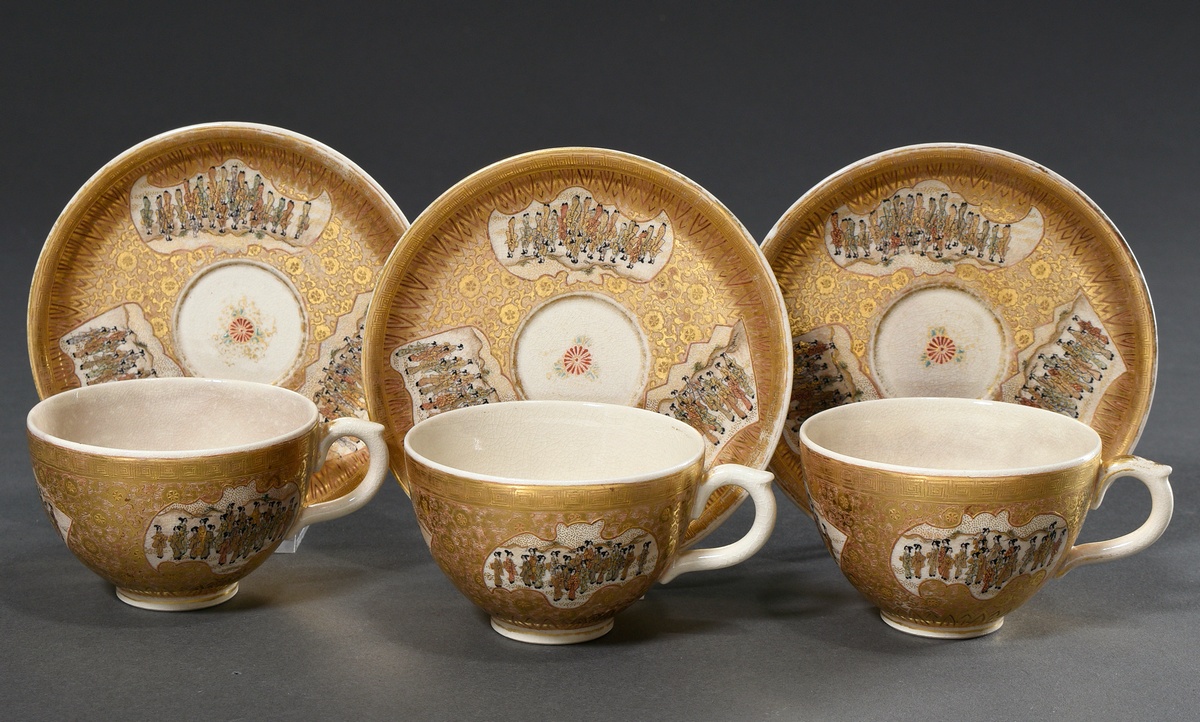 3 Satsuma cups/saucers, flawless painting with luxuriant gilding "Courtly Ladies", cartouches in th