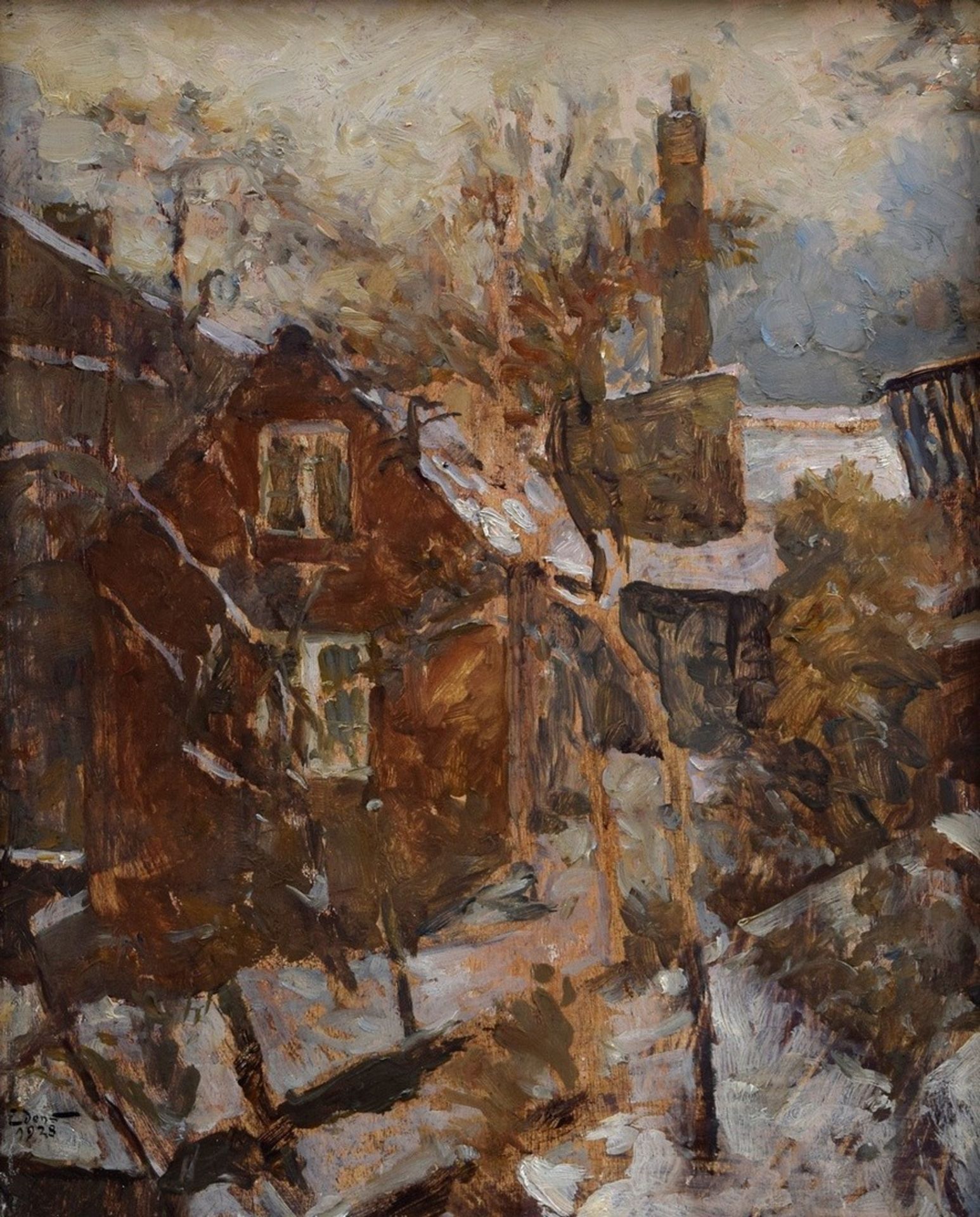 Edens, Henning (1885-1943) "Övelgönne in Winter" 1928, oil/wood, b.l. sign./dat., verso adhesive la
