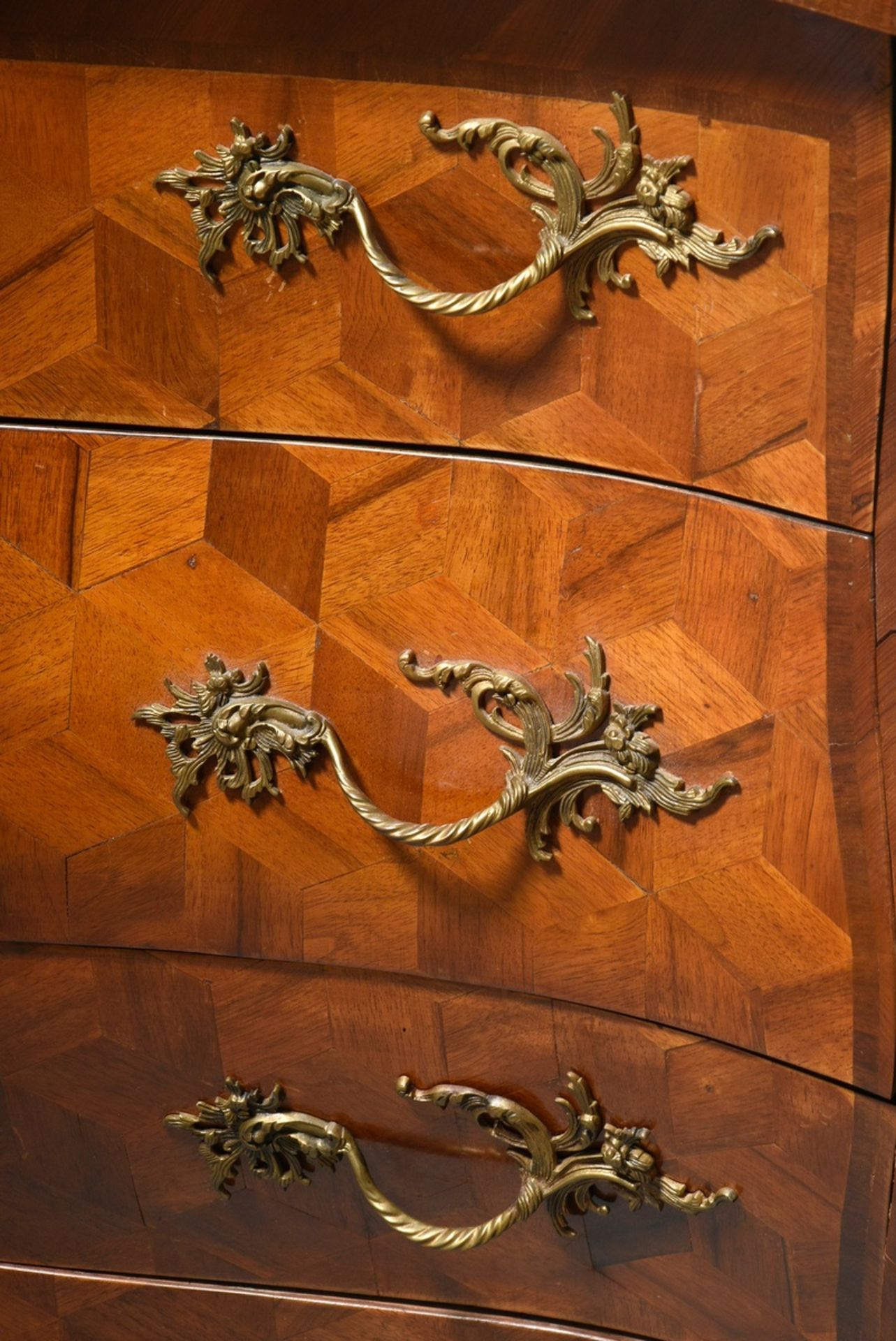 Rare pair of Franconian baroque chests of drawers with cambered corpus and optical cube marquetry a - Image 3 of 15