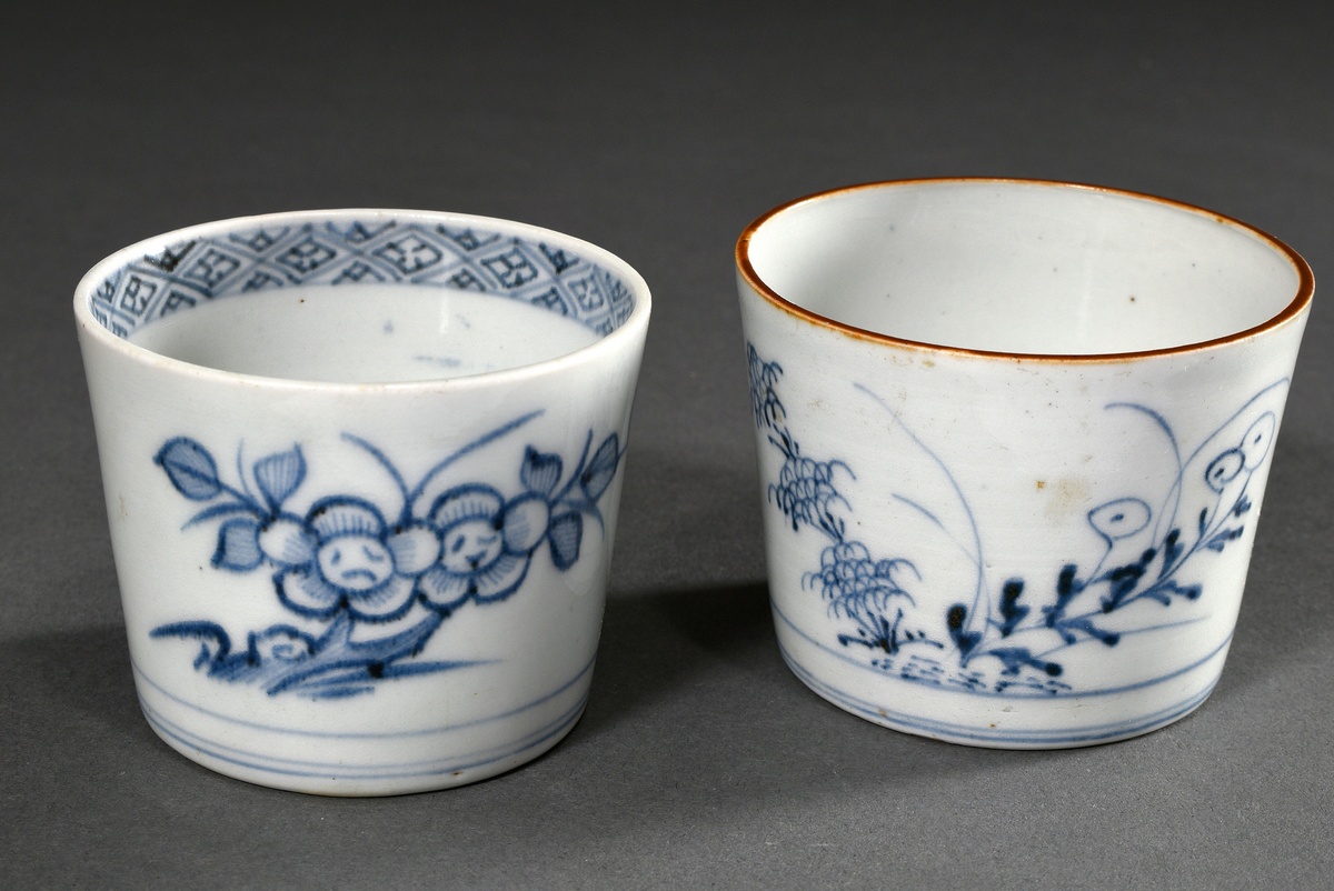 2 Various Soba Choko Porcelain Vessels with Blue Painting "Flowers, Insects and Herons", Japan late