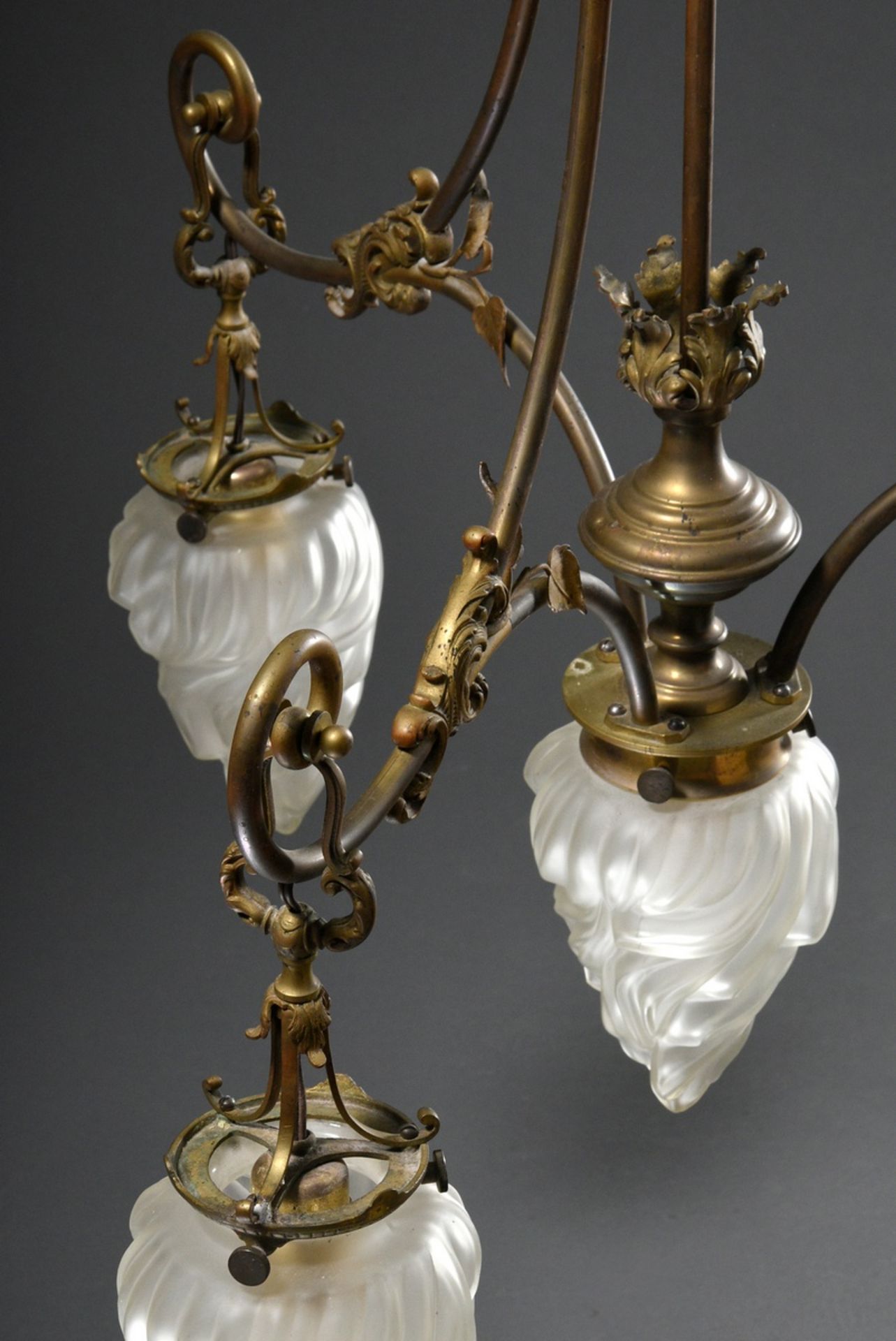 Wilhelminian period ceiling lamp with 4 frosted "flames" glass domes on brass frame with floral dec - Image 5 of 12