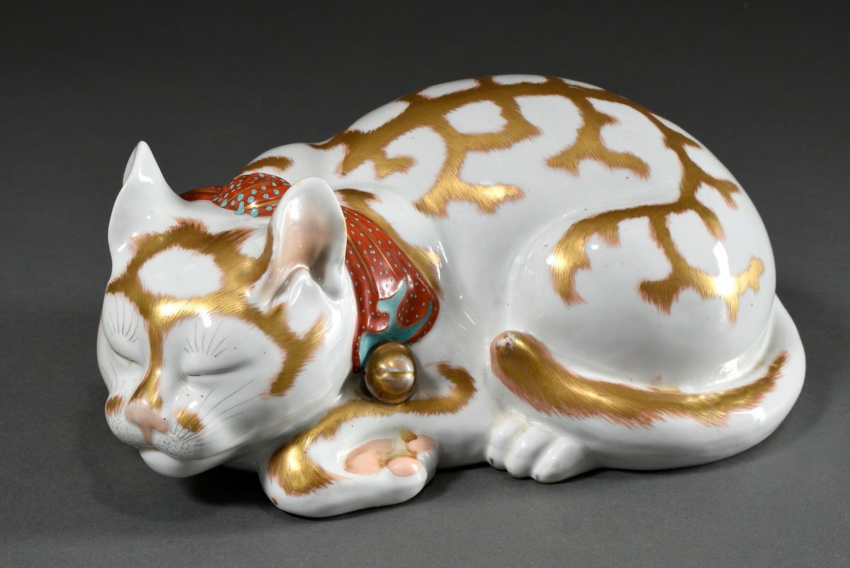 Large Kutani figure "Sleeping Cat" with bells, porcelain colour painted and gilded, Japan probably 