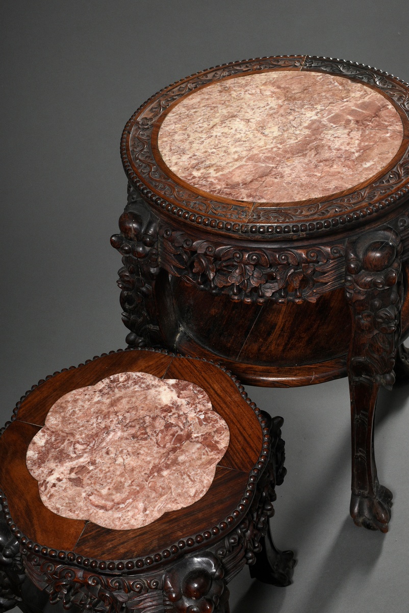 2 Various round redwood stools with richly carved frames and reddish marble tops, late 19th c., h.  - Image 2 of 9