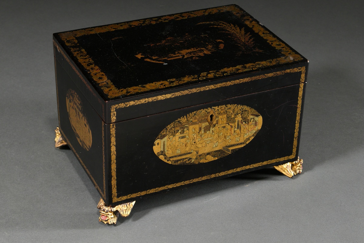 Lacquer tea chest with mythical creature feet, reserves in gold lacquer "animated courtly scenes",  - Image 3 of 9