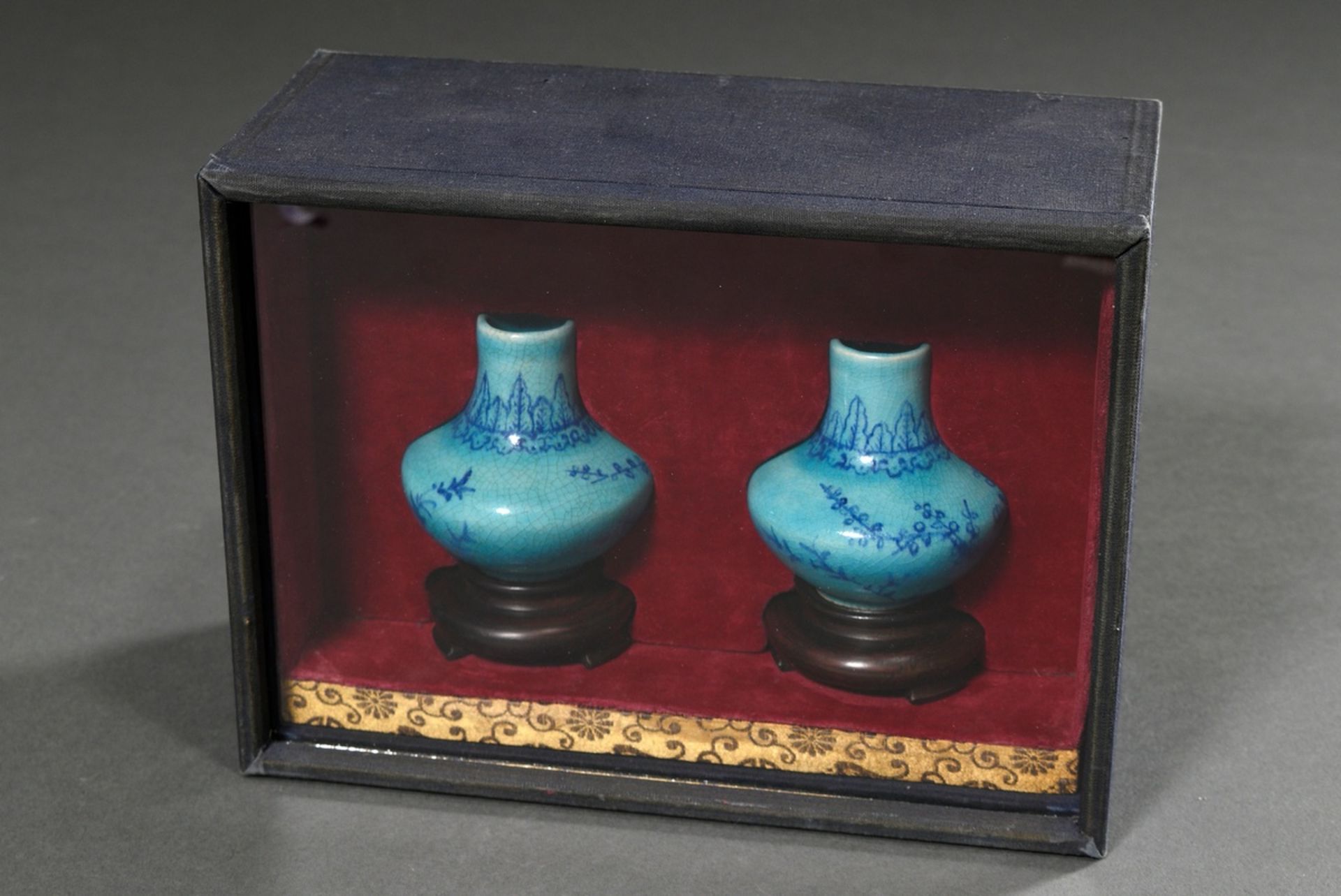 Pair of miniature porcelain vases with blue painting on turquoise crackle glaze "Blossoming Plum Tr - Image 5 of 7