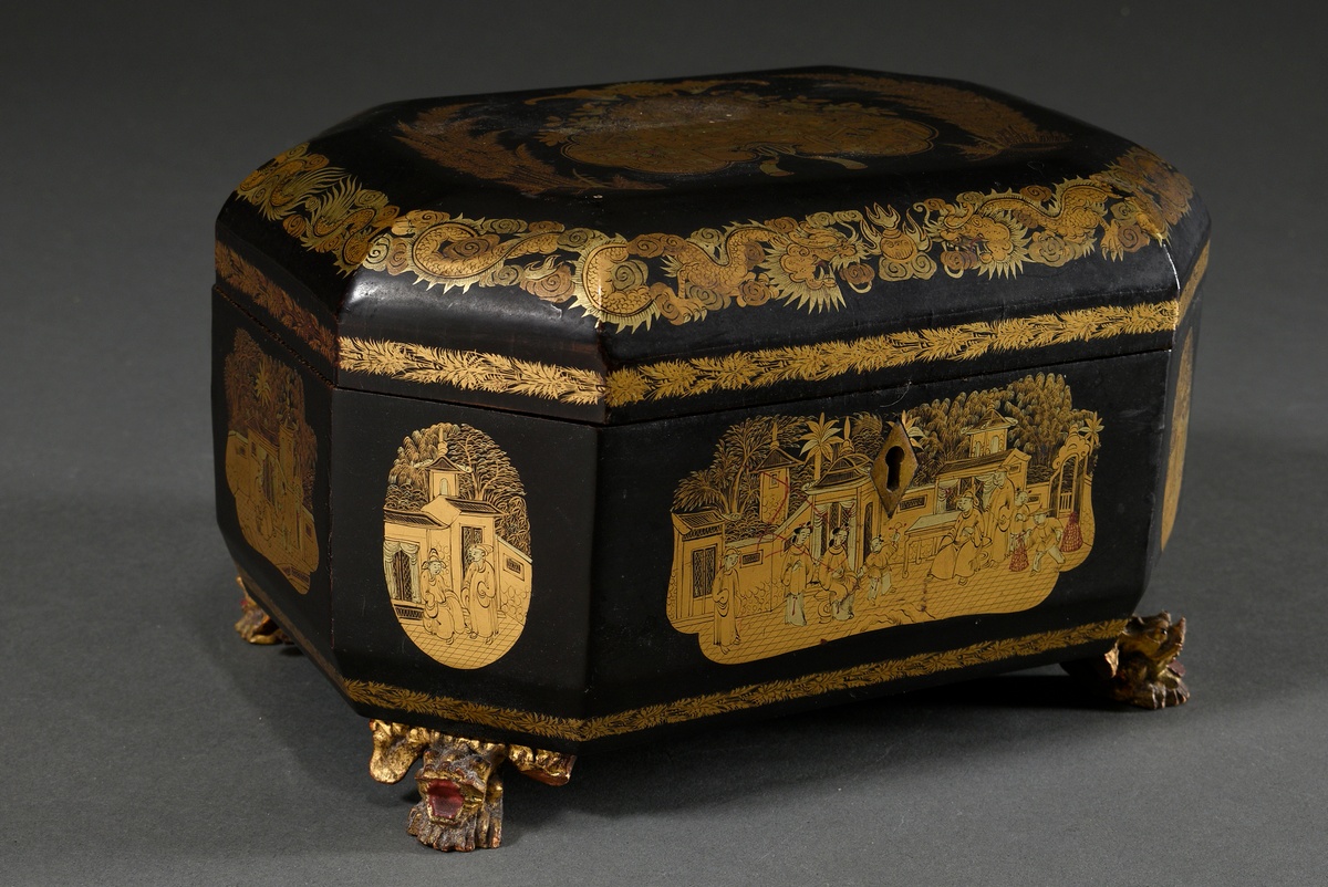 Cantonese export lacquer box with fine gold painting "Animated Everyday Scenes" and dragon framing, - Image 3 of 9