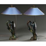 Paar Tischlampen mit französischen Keramik Vasenfüßen „Reiher“ in mehrfarbiger Flussglasur, H. 77cm