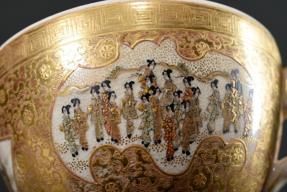 3 Satsuma cups/saucers, flawless painting with luxuriant gilding "Courtly Ladies", cartouches in th - Image 7 of 9