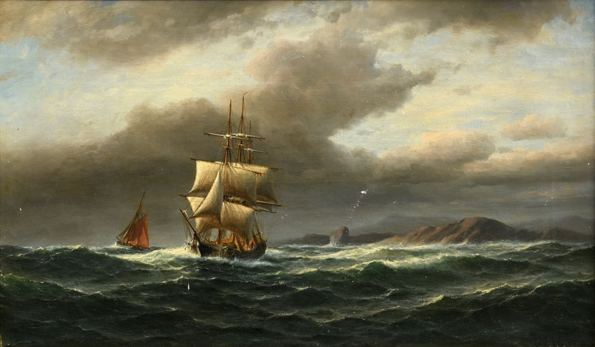 Hünten, Franz Johann Wilhelm (1822-1887) "Segelschiffe vor Küste" 1877, Öl/Leinwand, u.r. sign./dat