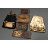 6 Diverse Biedermeier Stickereien, 19.Jh.: 2 Beutel mit Rosendekor (20x18cm), 3 punzierte Leder Etu