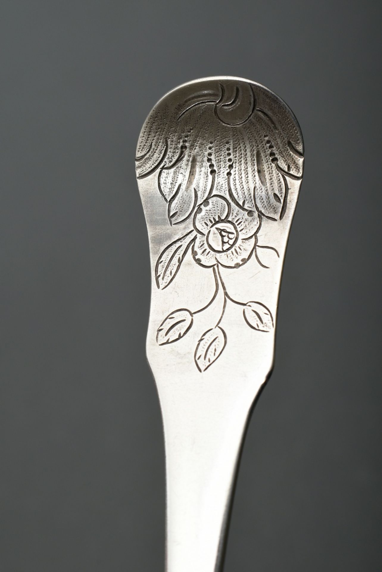 2 Various baroque spoons with violin pattern, floral engravings and engraved owner's monograms on t - Image 2 of 5