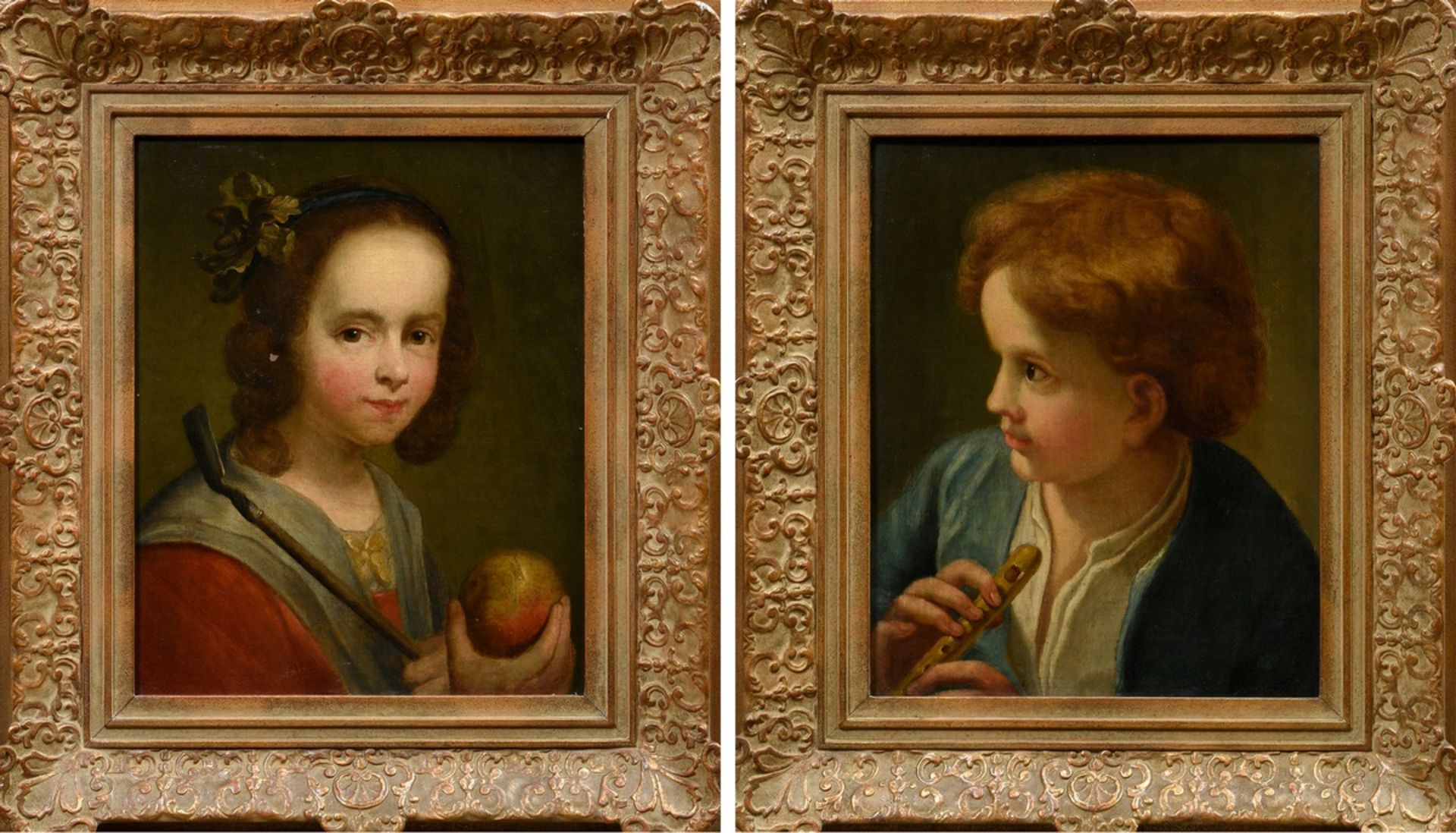 Pair of "Child Portraits" by an unknown painter of the 18th/19th c., oil/canvas on wood, magnificen