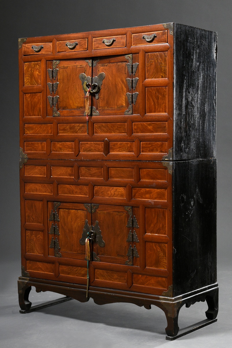 Small Korean cabinet "Icheungjang" with brass "butterfly" fittings on a coffered front with two doo