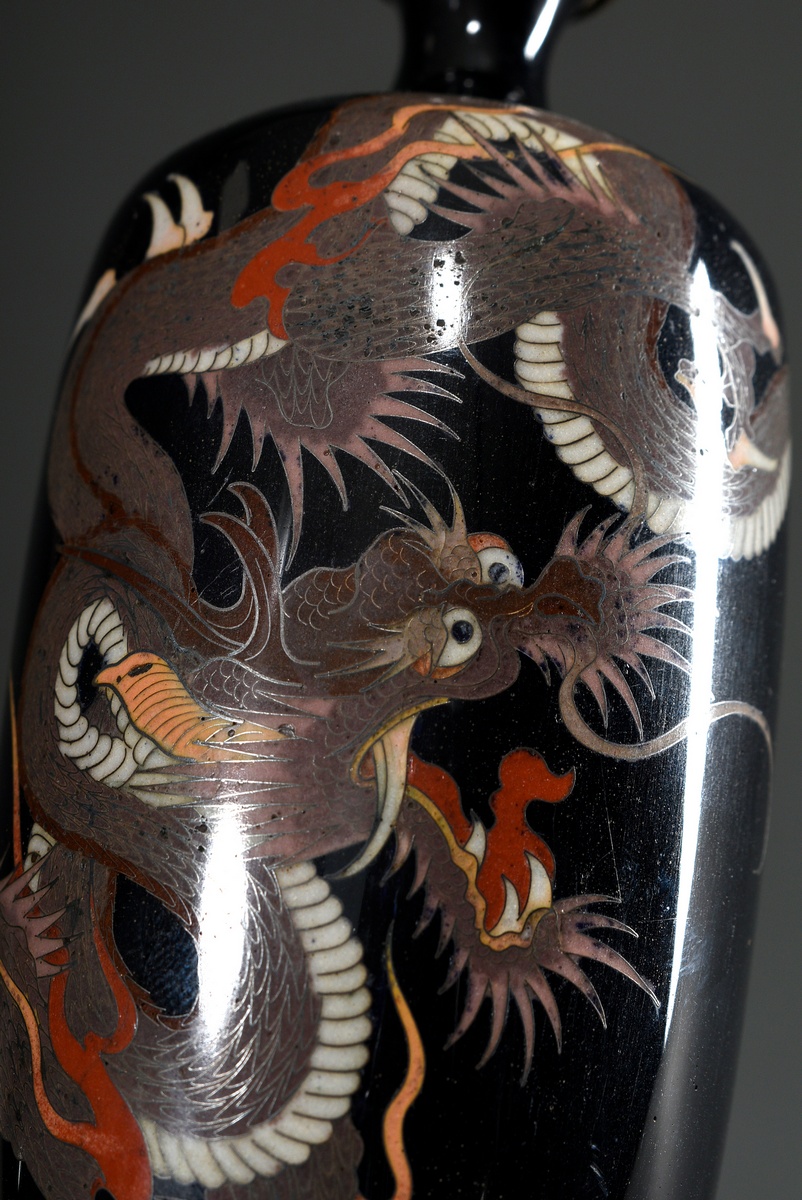 Pair of fine Japanese cloisonné vase "Dragon" on black background, maker's mark on the bottom, Meij - Image 4 of 6