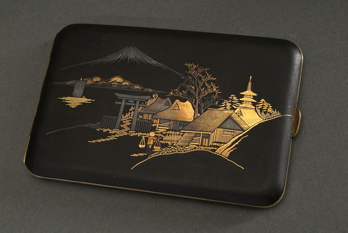 2 Various Komai style cigarette cases "Landscape with Fuji", blackened iron inlaid with silver and  - Image 2 of 7