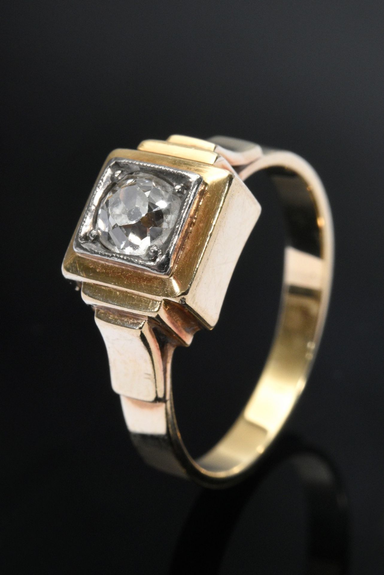 Yellow gold 585 and platinum ring with old cut diamond (ca. 0.30ct/P1/TC), around 1920, 4,6g, size 