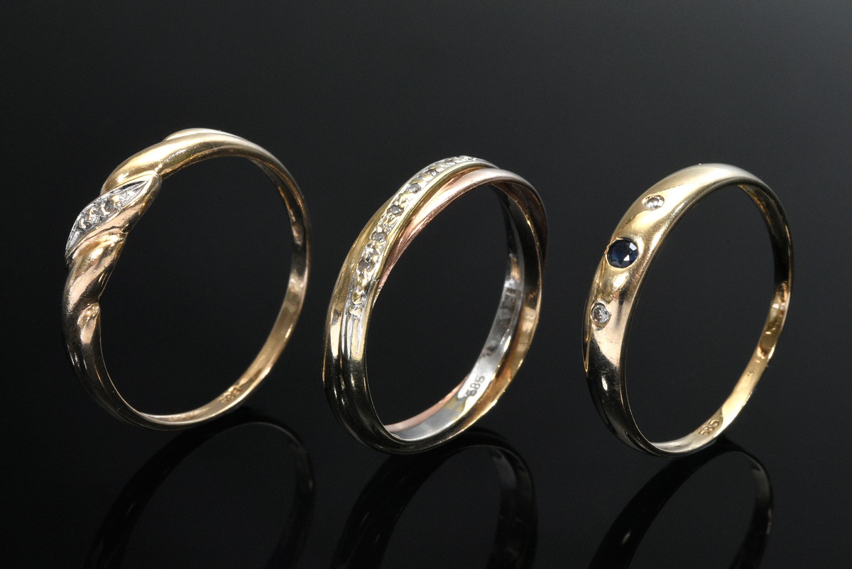 3 Various delicate gold 585 rings: 1 tricolour gold ring with small diamonds (size 56), 1 band ring