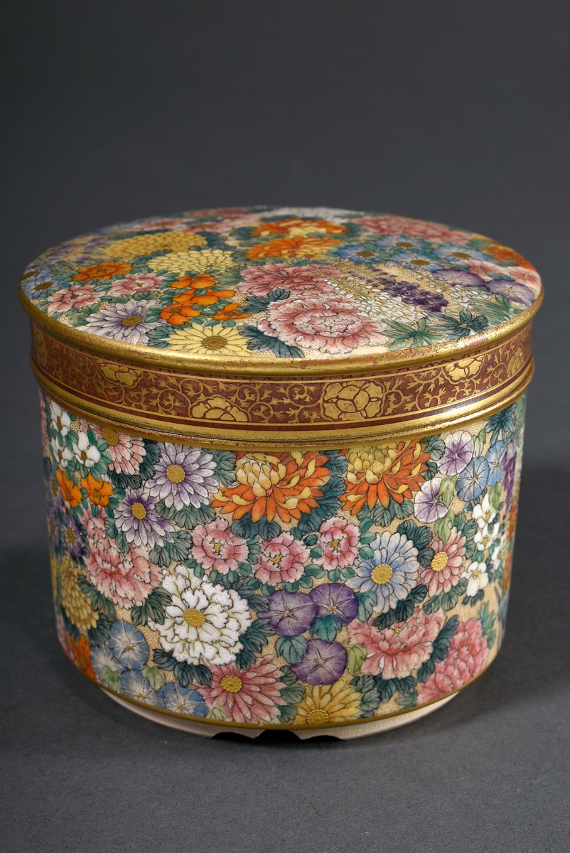 Cylindrical Satsuma box with finely detailed millefleur decoration and partial gilding, Japan Meiji - Image 3 of 6