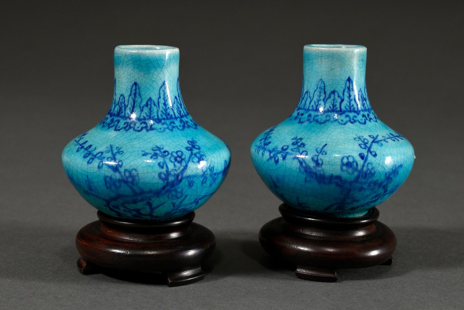 Pair of miniature porcelain vases with blue painting on turquoise crackle glaze "Blossoming Plum Tr