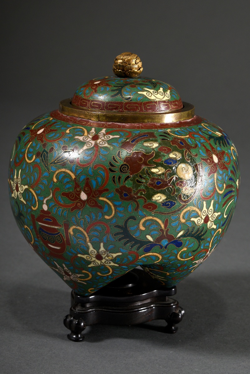 Japanese cloisonné tripod lidded pot with fire-gilt bronze flower knob, bottom signed, matching bla