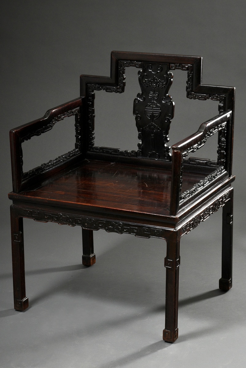 Chinese Blackwood armchair with wide seat and ornamentally carved frame "bat with shou and tassel",